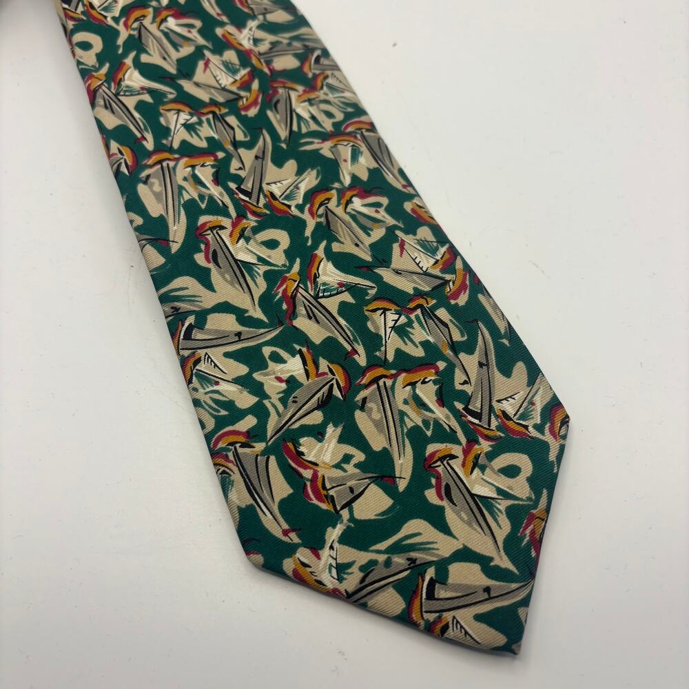 Vintage Jim Levy Robert Talbott Mens Silk Tie Green Sailboat Novelty Print USA
